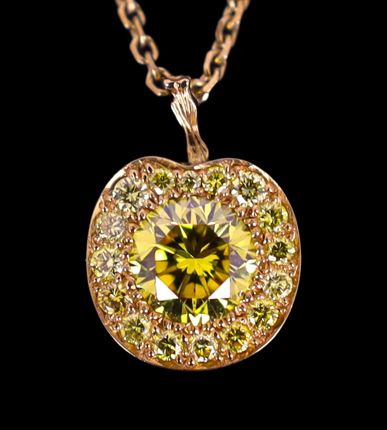 A modern Boodles 18ct gold fancy vivid yellow diamond cluster set pendant necklace on a two stone diamond set chain, with clasp and Boodles ring set with small brilliants